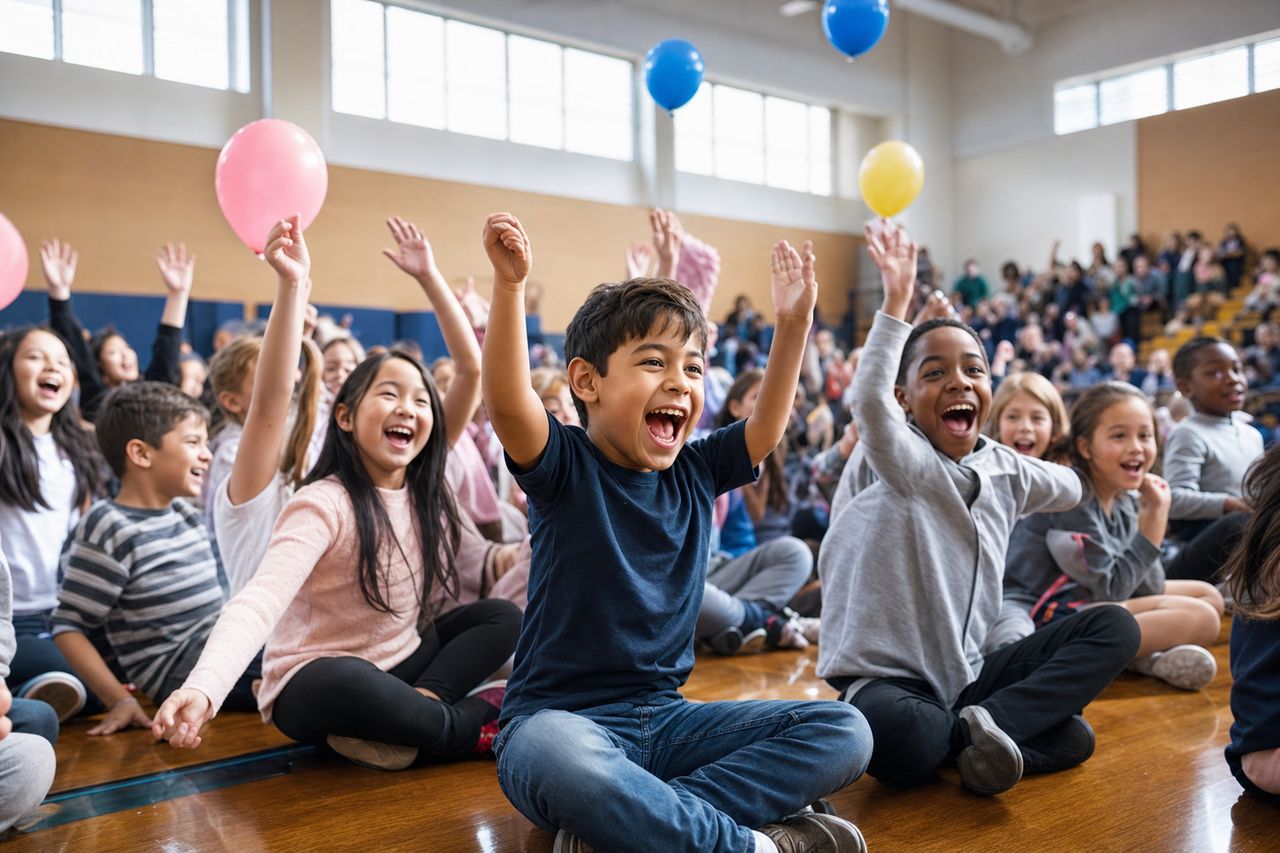 Excited elementary students cheering at a school assembly
