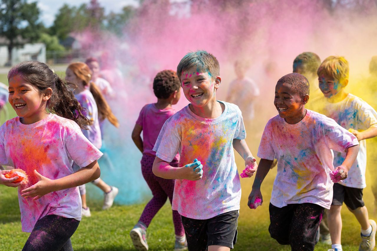 Elementary students laughing and covered in color powder at a school color run