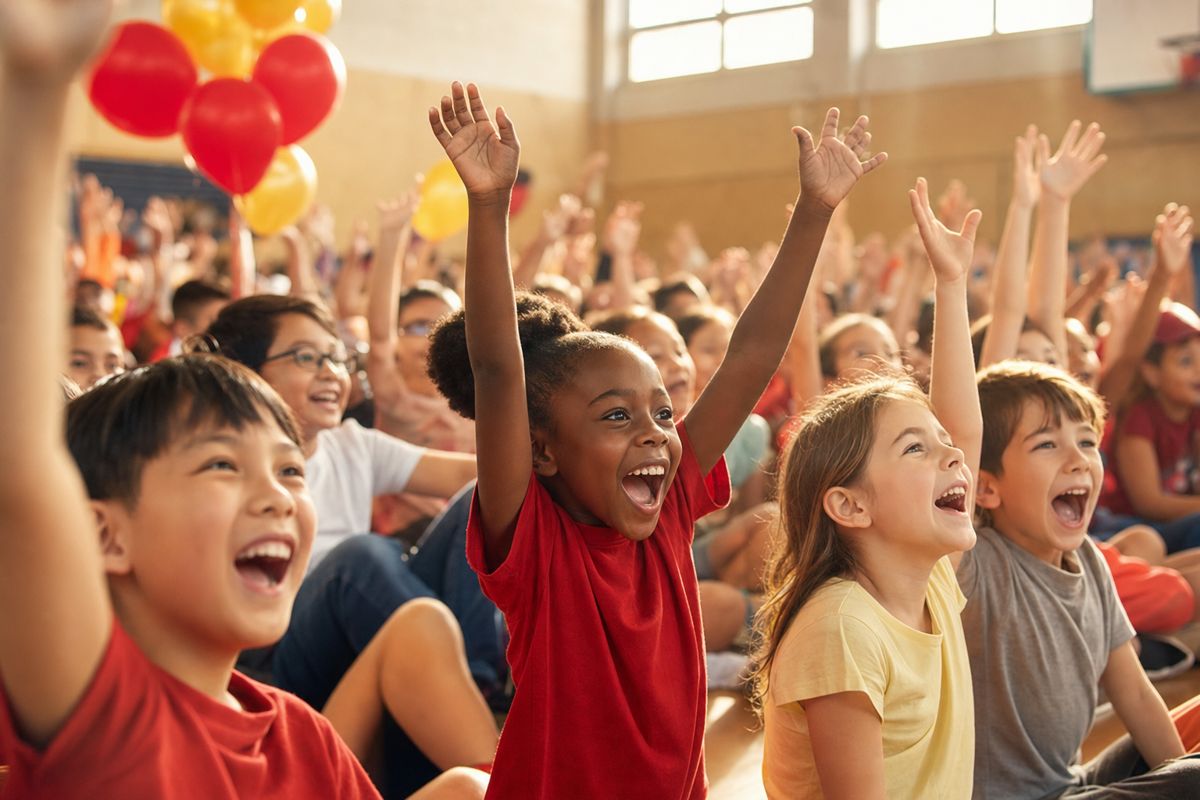 Excited elementary students at a school fundraiser kickoff