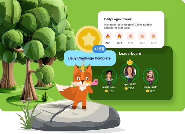 MoneyDolly daily challenge, login streak, and student leaderboard screens