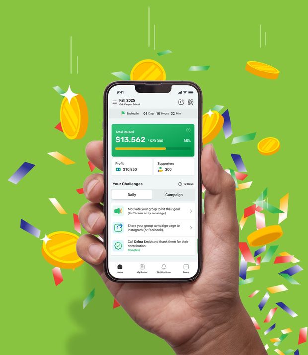 A hand holding a phone showing a live MoneyDolly campaign total, surrounded by confetti and gold coins