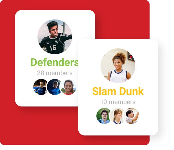Two student fundraising team cards showing member counts and photos