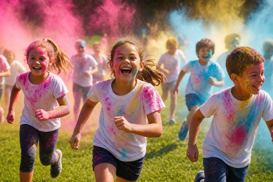 Elementary students celebrating at a color run fundraiser